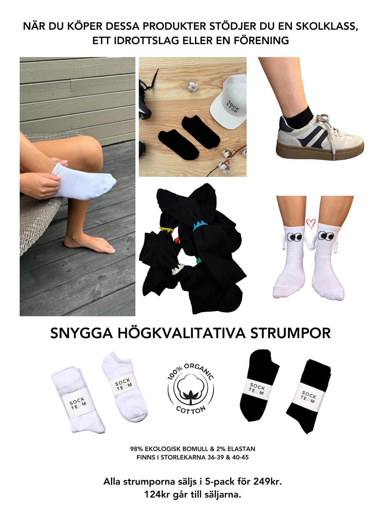 Uppslag ur säljkatalogen med produktbilder på vita och svarta strumpor i ekologisk bomull