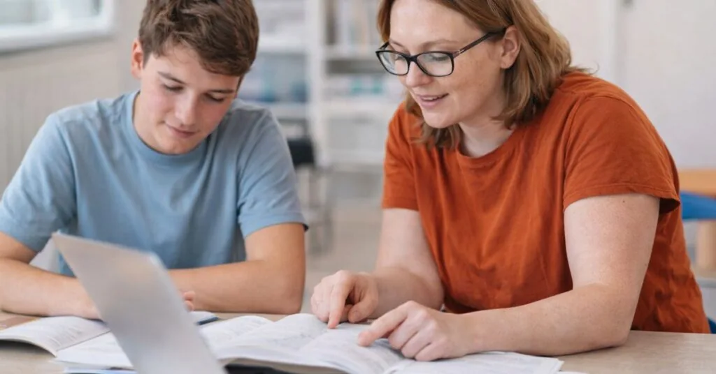 Läxhjälp för elever – studiecoach hjälper elev med skolarbete