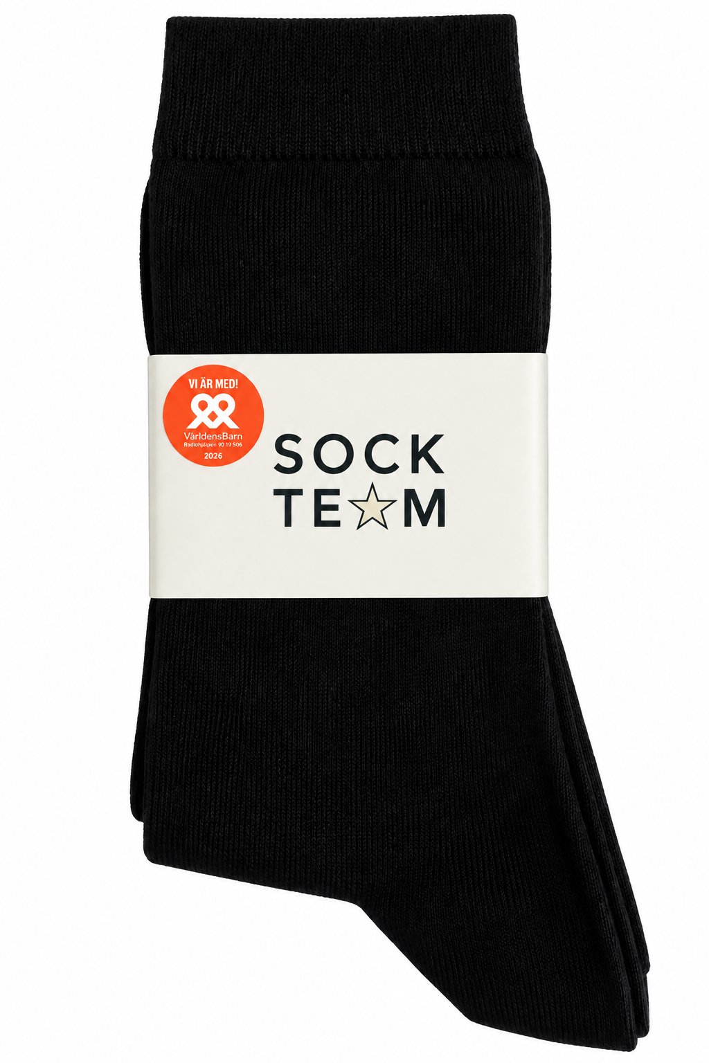 Svarta Sockteam-strumpor med Världens Barn-märke på förpackningen